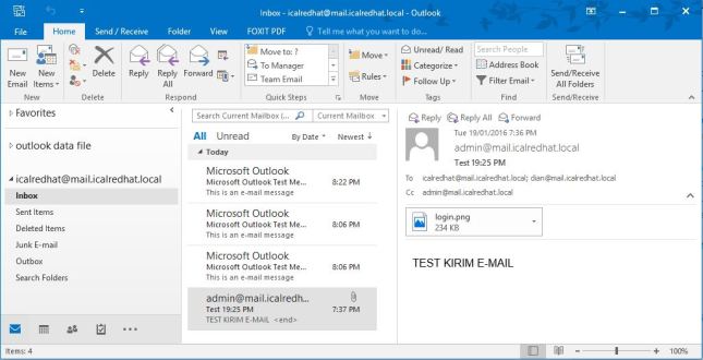 Tampilan Inbox Email pada Microsoft Outlook